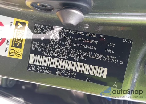 2015 Toyota Highlander Le/Le Plus z USA, uszkodzony, nr VIN 5TDZKRFH1FS062662